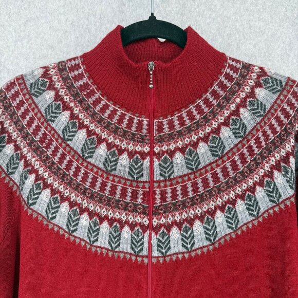 Woolrich Knit Wool Full Zip Jacket Sweater Size L Ruby Red Fair Isle Lightweight - Picture 2 of 13